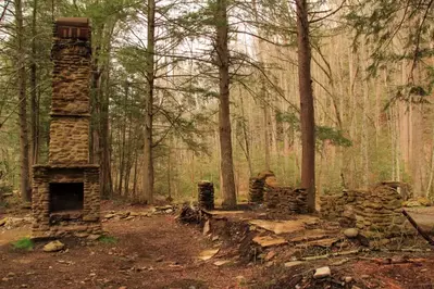foundation and chimney of fallen cabin in Elkmont Ghost Town