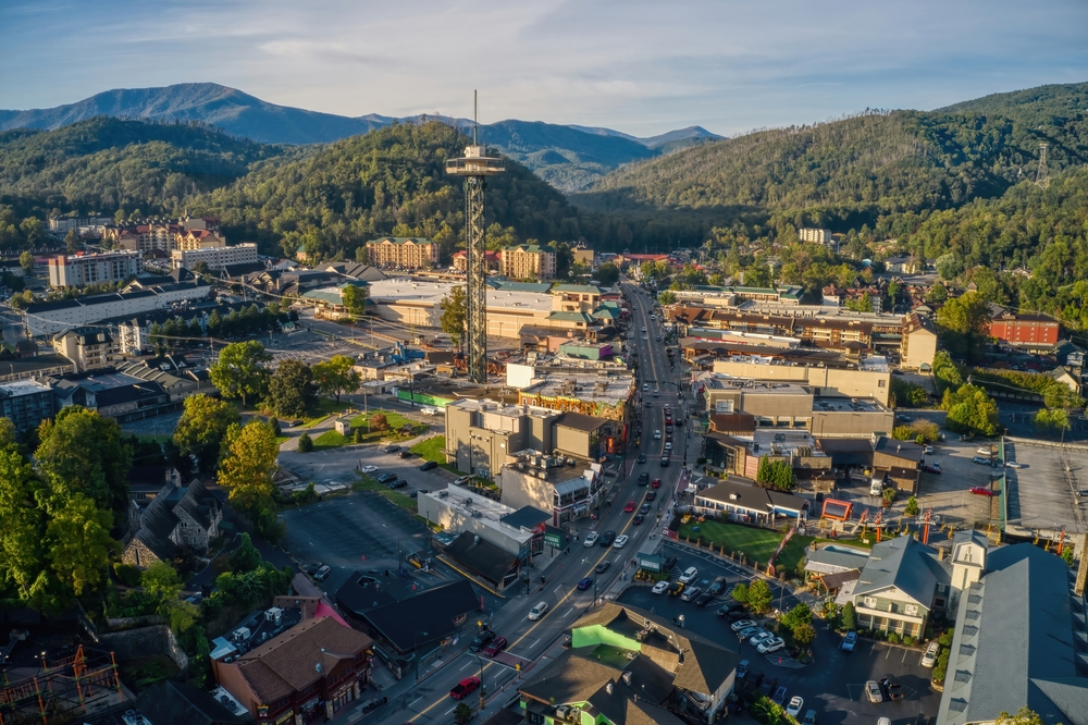 aerial view of downtown gatlinburg