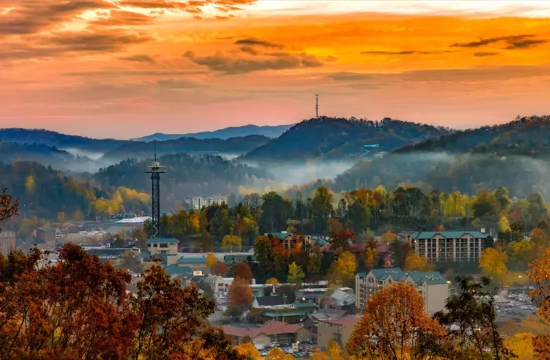 downtown Gatlinburg fall sunset