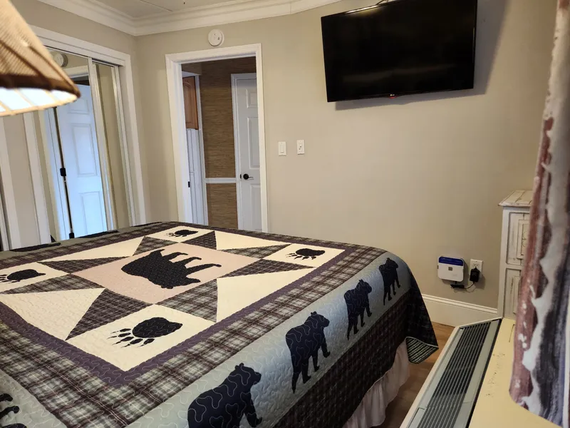 Cozy bedroom with rustic bear-themed quilt and wall-mounted TV for relaxing evenings after outdoor adventures.