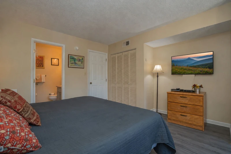 Relax in your serene bedroom with its warm lighting, cozy bed, and wooden dresser. The spacious closet and en-suite bathroom ensure everything you need is right at hand.