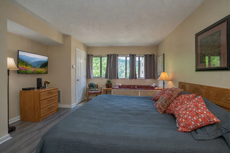 Your spacious retreat features calming tones, plush bedding, and natural light pouring through large windows. Unwind in the private hot tub after a day exploring the area, and enjoy modern comforts like a flat-screen TV and cozy seating nook.