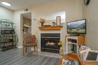Unwind in your cozy living area by the warm fireplace, with a flat-screen TV for your favorite shows. The open layout flows into a fully equipped kitchen, making it easy to relax and enjoy your mountain getaway.