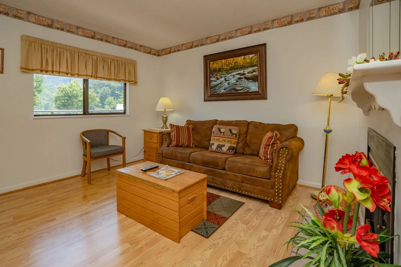 Settle into your cozy living room with warm wood accents and mountain views through the window—your perfect spot to unwind after exploring the area.