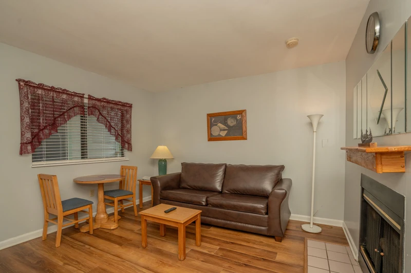 Unwind in your cozy living space with a comfortable leather sofa, warm fireplace, and intimate dining for two—perfect for relaxing after exploring the area.