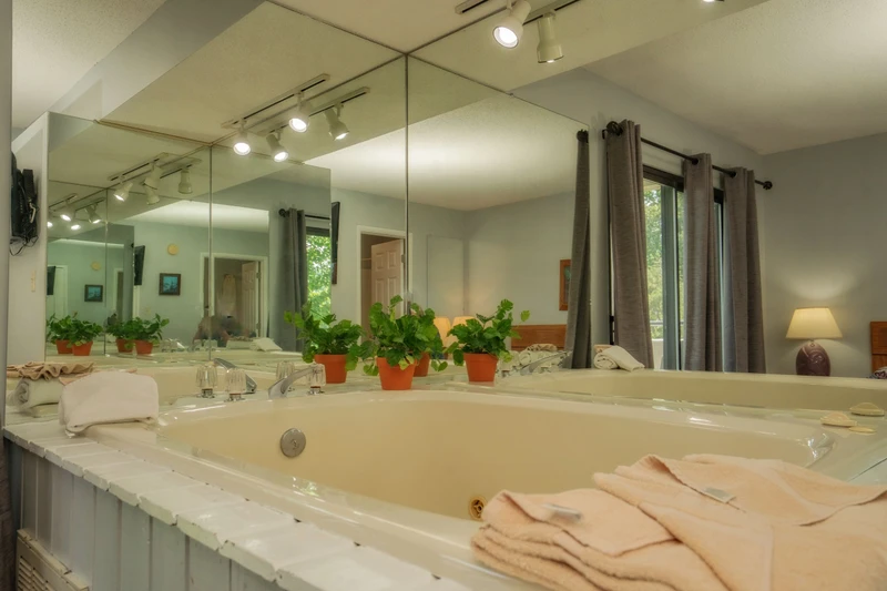 Sink into your own private spa retreat—a deep soaking tub awaits, framed by soft natural light and lush greenery that brings calm to every moment.