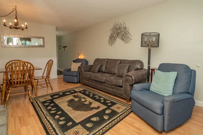 Settle into your cozy living space with comfortable seating and warm lighting, perfect for unwinding after your mountain adventures. The open layout flows seamlessly into the dining area, giving you plenty of room to relax and recharge.