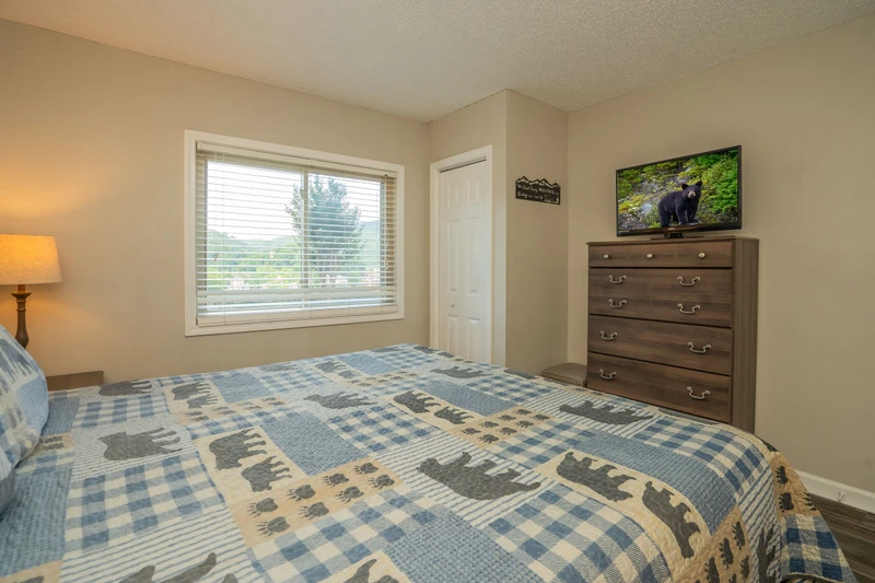 Relax in your cozy bedroom with a plush queen bed, charming rustic decor, and natural light streaming through the windows. Your perfect mountain retreat awaits after a day of adventure.