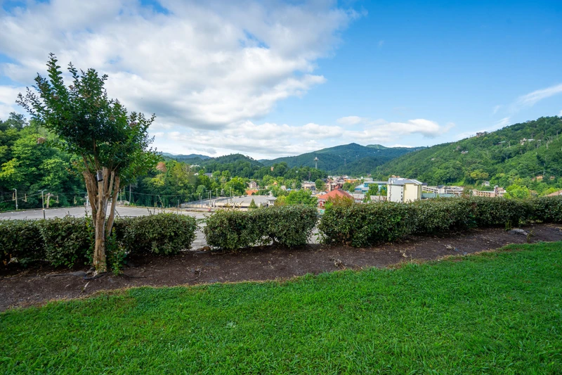 The property offers scenic mountain vistas beyond manicured hedgerows and open lawn, with forested slopes framing a charming small-town backdrop.