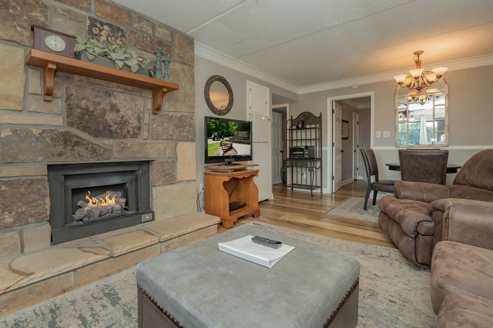 Curl up in front of your own stone fireplace after a day of exploring. The plush seating and warm glow create the perfect setting for unwinding with loved ones.