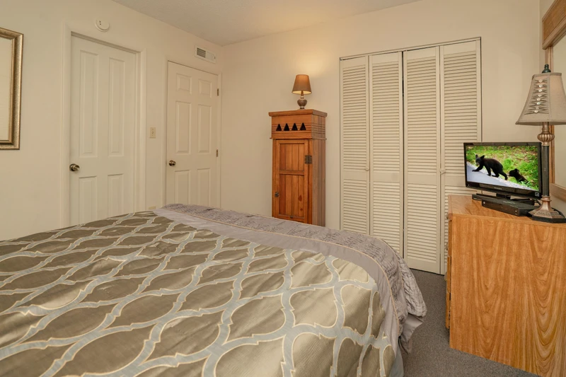 Your cozy bedroom offers a restful retreat with a comfortable bed, generous closet space, and entertainment options to help you unwind after a day of adventure.