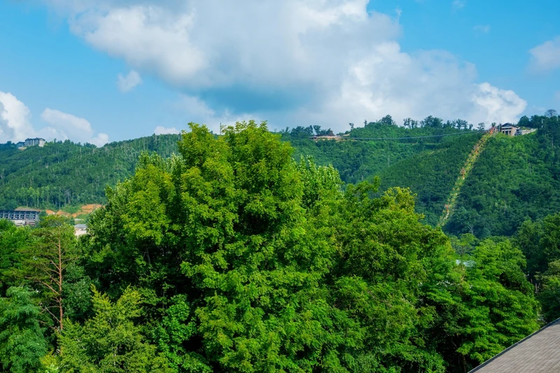 Verdant hillsides and blue skies surround the property, offering a tranquil mountain retreat setting in the heart of nature.