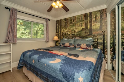 Drift off under the warm glow of the ceiling fan in your cozy bedroom. The window draws in natural light while the mirrored closet adds spaciousness to your peaceful woodland-themed retreat.