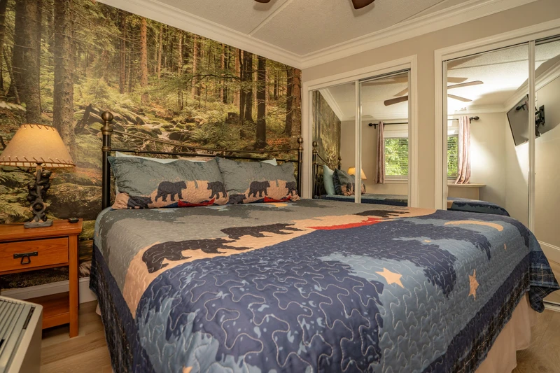 Cozy woodland retreat where nature meets comfort. A forest mural and plush bear-motif bedding create a serene sanctuary, while warm wood accents and soft lighting offer the perfect respite after mountain adventures.