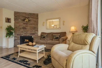 Sink into plush seating by your private fireplace, where rustic stone meets cozy charm. This inviting living room is perfect for unwinding after exploring the area.