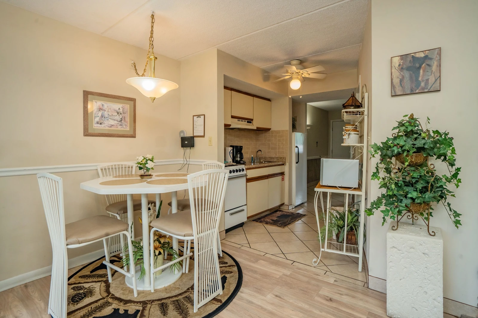Your cozy dining nook opens into a well-equipped kitchenette, offering everything you need to prepare meals and gather for breakfast before exploring the area.