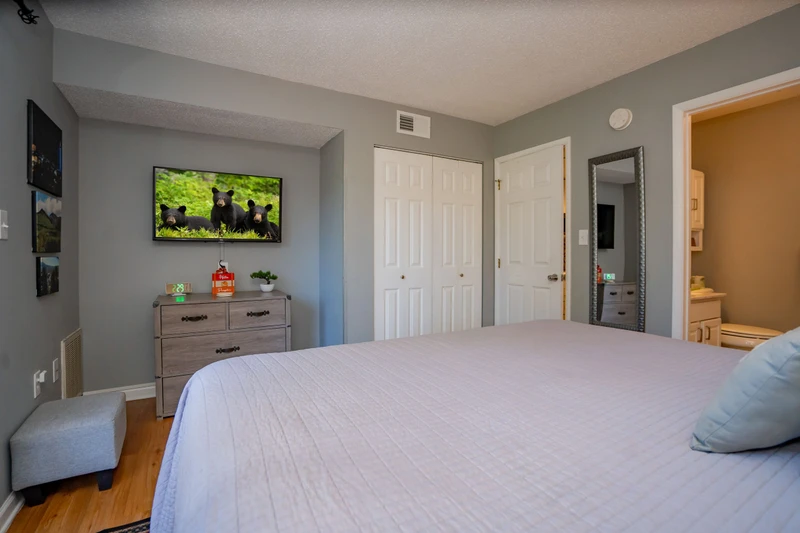 Your tranquil bedroom retreat features soothing gray walls, warm hardwood floors, and a plush bed awaiting your arrival. Relax with your favorite shows on the wall-mounted TV or freshen up in the bright ensuite bathroom just steps away.