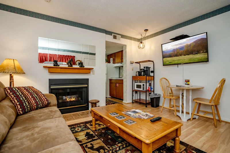 Relax in your cozy living space with a warm fireplace, comfortable seating, and a dining nook perfect for meals together. Your fully equipped kitchenette makes it easy to feel right at home.