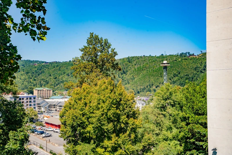 The property is nestled in a lush hillside setting with views of forested mountains and a distinctive landmark tower, combining natural beauty with nearby urban convenience.