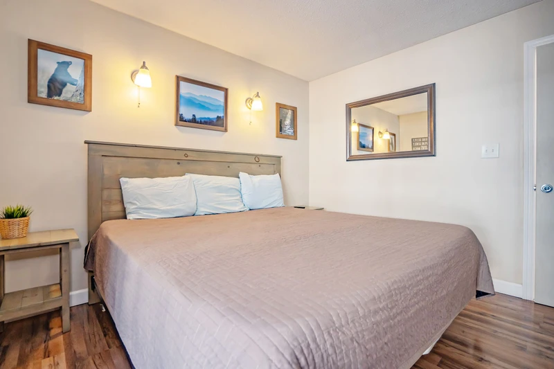 Sink into your plush bed after a day of adventure. Warm lighting, rustic touches, and thoughtfully curated artwork create a cozy mountain retreat just for you.