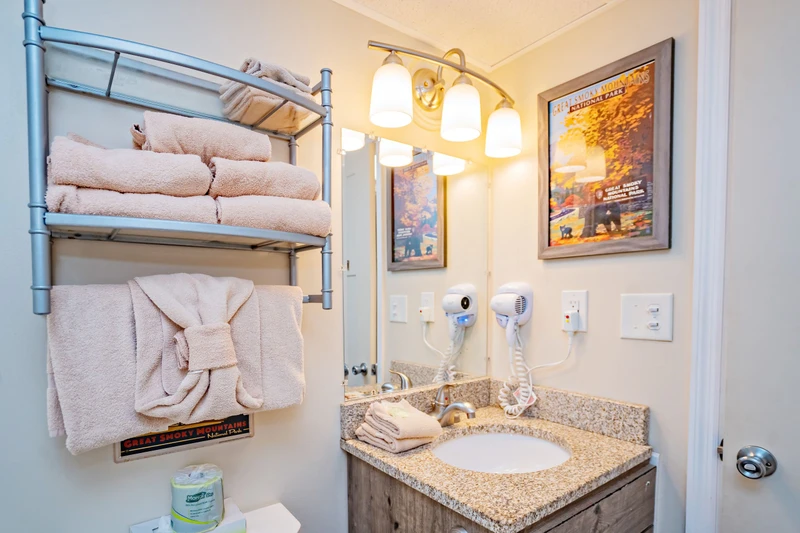 Fresh towels await your arrival in this welcoming bathroom, where thoughtful touches like a hairdryer make settling in effortless and easy.