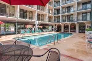 outdoor patio table and pool at a Gatlinburg vacation rental
