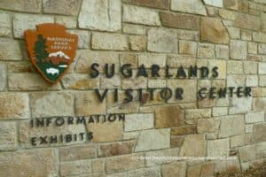 A sign for Sugarlands Visitor Center in Great Smoky Mountains National Park.